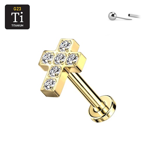Threadless labret 1.2mm i guld PVD-pläterad titanium med CZ kors