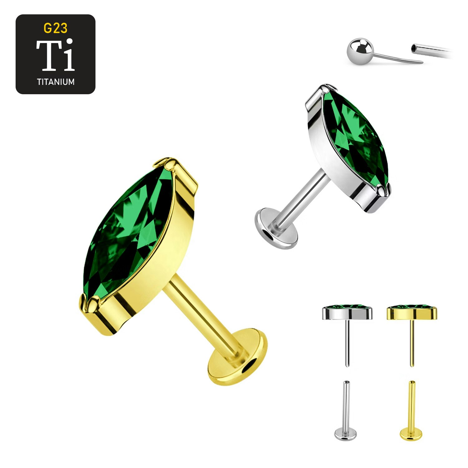 Threadless labret 1.2mm i titanium med navettslipad emerald CZ