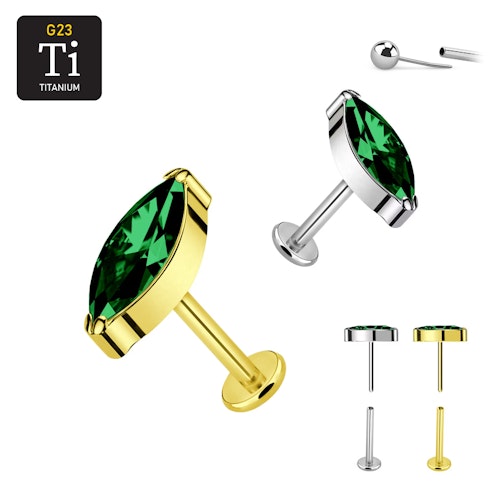 Threadless labret 1.2mm i titanium med navettslipad emerald CZ