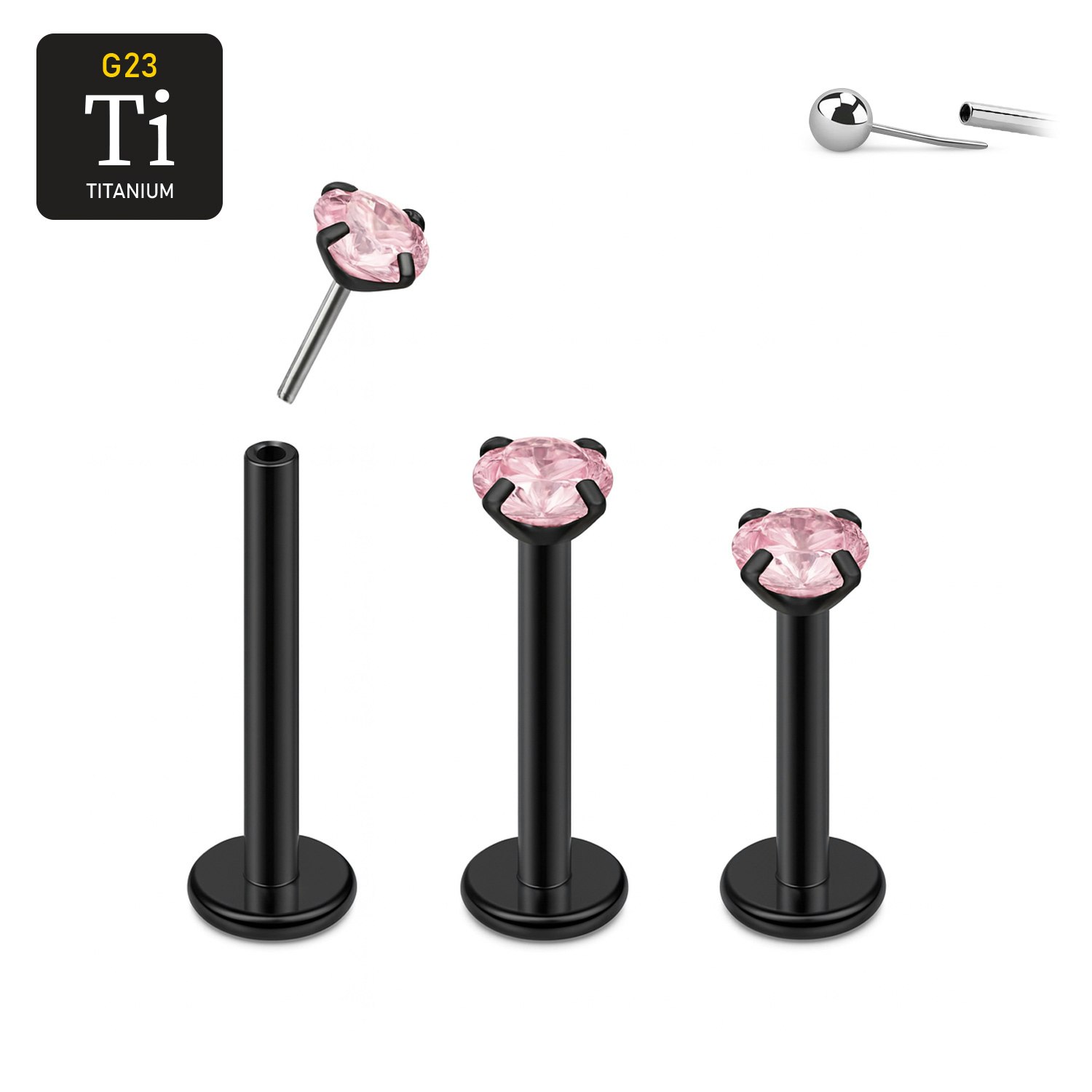 Threadless labret i PVD-pläterad titanium med prong-set rosa CZ