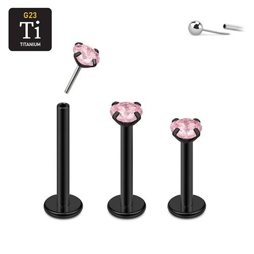 Threadless labret i PVD-pläterad titanium med prong-set rosa CZ