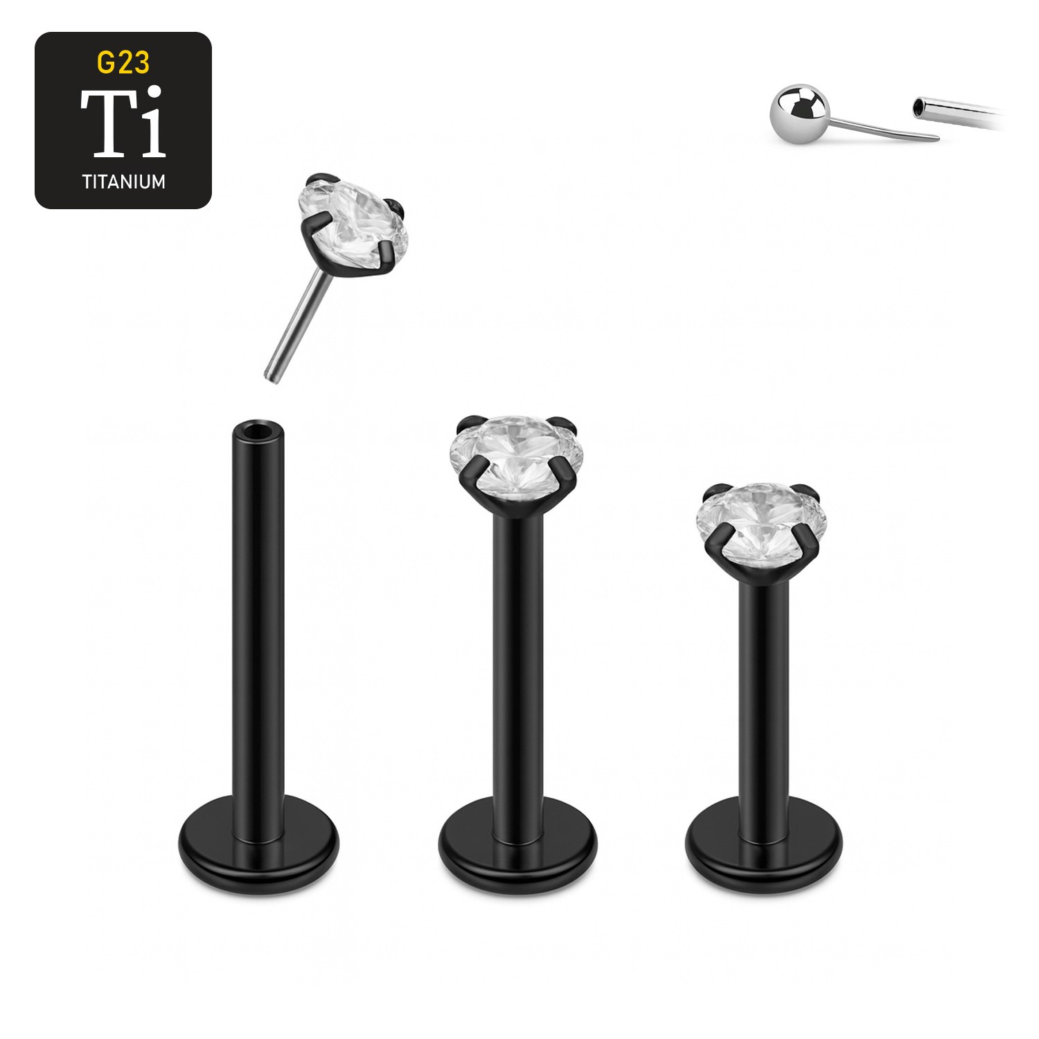 Threadless labret i PVD-pläterad titanium med prong-set klar CZ