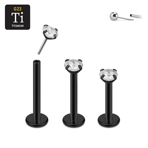 Threadless labret i PVD-pläterad titanium med prong-set klar CZ
