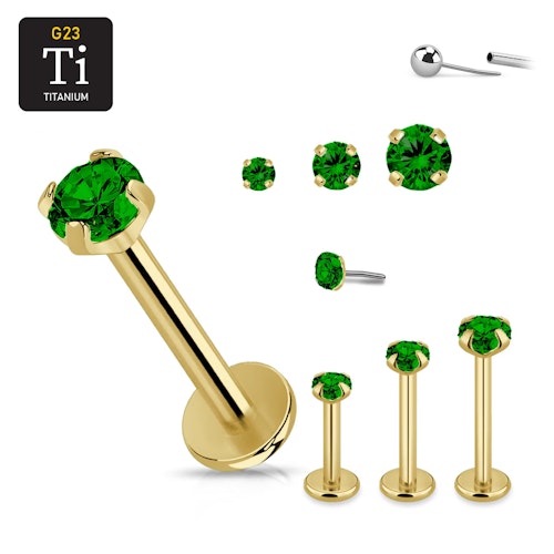 Threadless labret 1.2mm i guld PVD-pläterad titanium med prong-set emerald