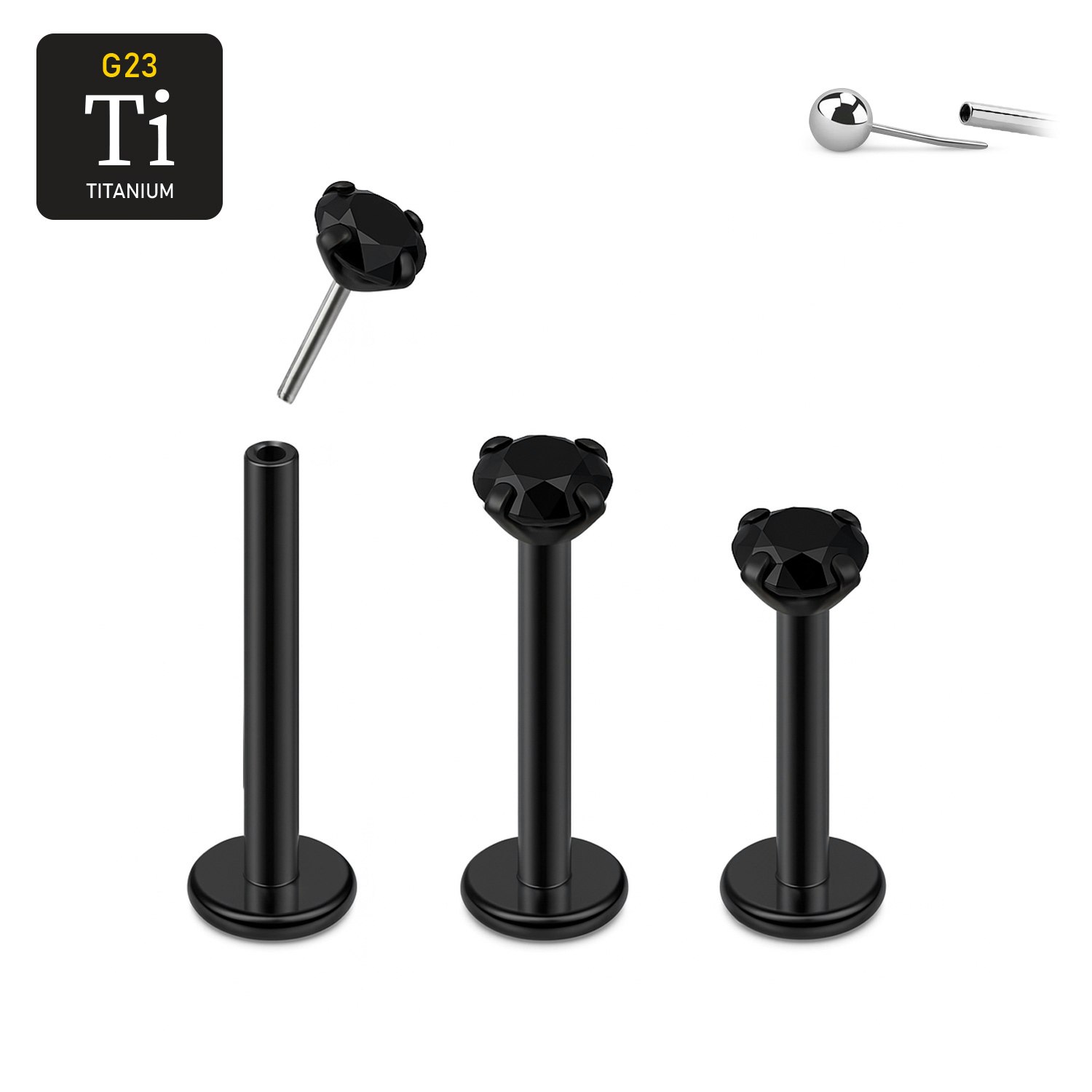 Threadless labret i PVD-pläterad titanium med prong-set svart CZ