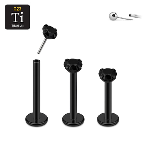 Threadless labret i PVD-pläterad titanium med prong-set svart CZ