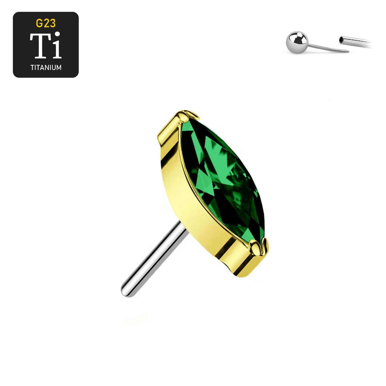Threadless topp i PVD-guldpläterad titanium med navettslipad CZ emerald