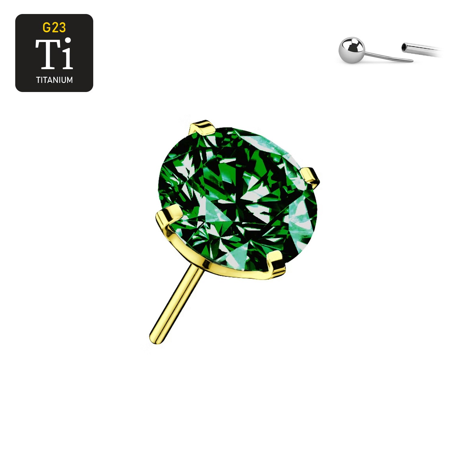 Threadless topp i PVD-guldpläterad titanium med prong-set emerald CZ