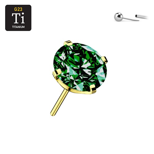 Threadless topp i PVD-guldpläterad titanium med prong-set emerald CZ