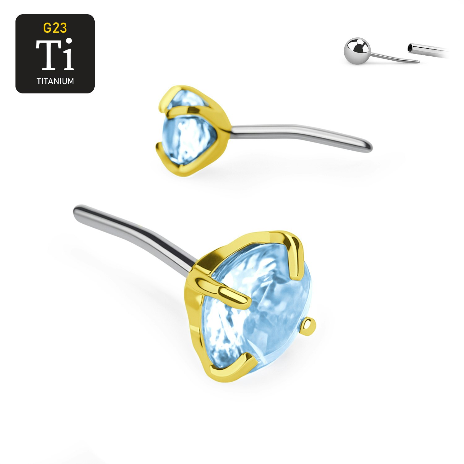 Threadless topp i PVD-guldpläterad titanium med prong-set aqua CZ