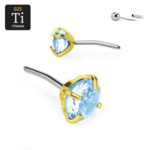 Threadless topp i PVD-guldpläterad titanium med prong-set aqua CZ