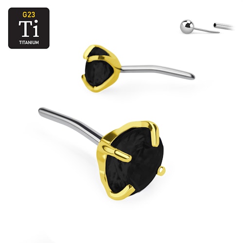 Threadless topp i PVD-guldpläterad titanium med prong-set svart CZ