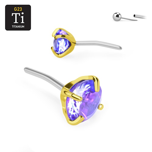 Threadless topp i PVD-guldpläterad titanium med prong-set ametist CZ