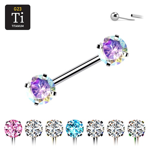 Titanium threadless barbell 1.6mm med 6mm rund prong-set cubic zirconia