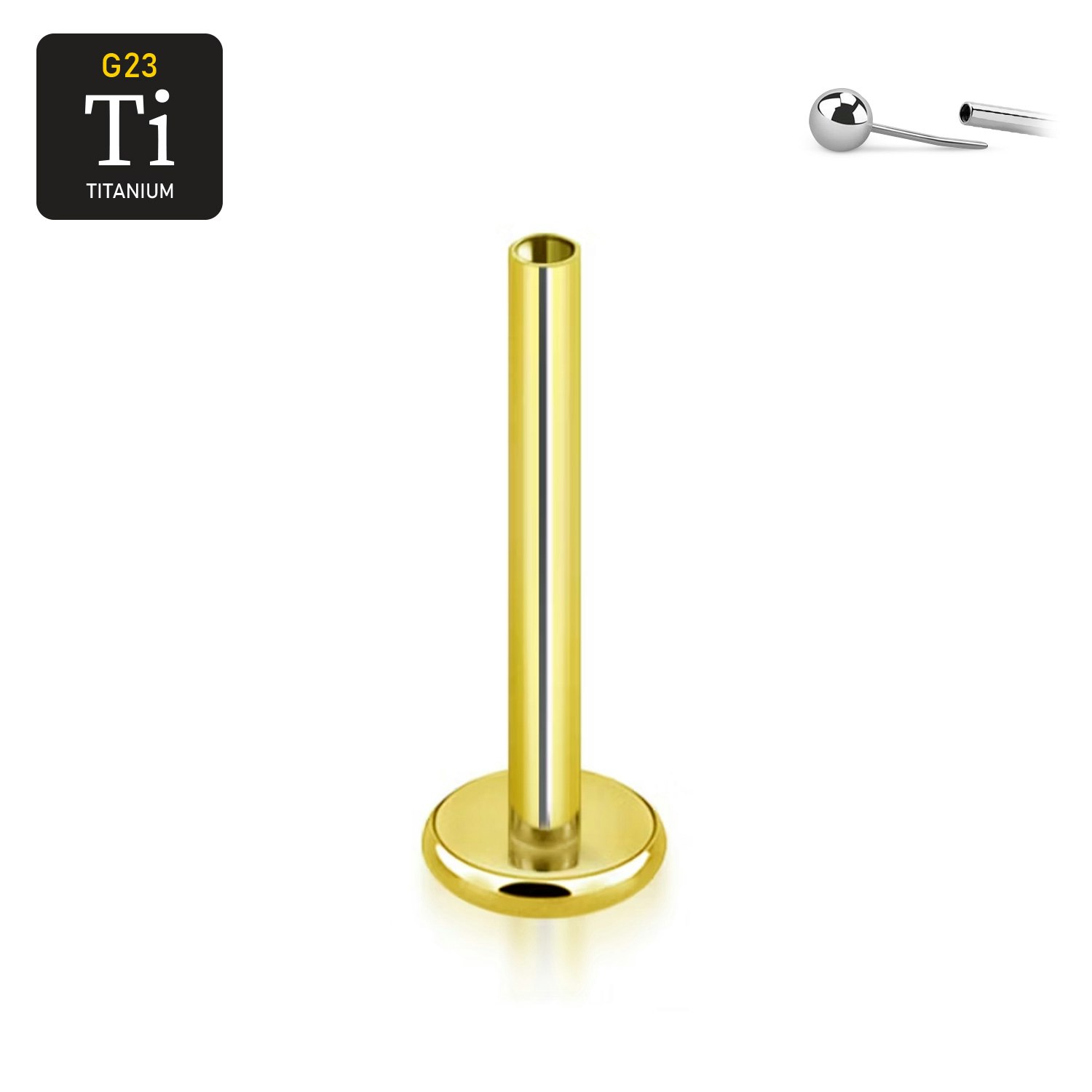Threadless labret i handpolerad titan 1.2mm med 4mm bas guld PVD (lös del)