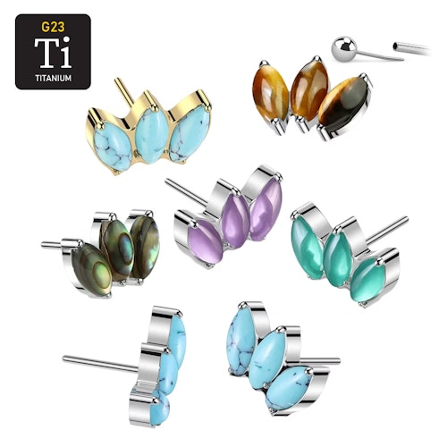 Threadless topp i titanium - trippel topp med naturliga stenar