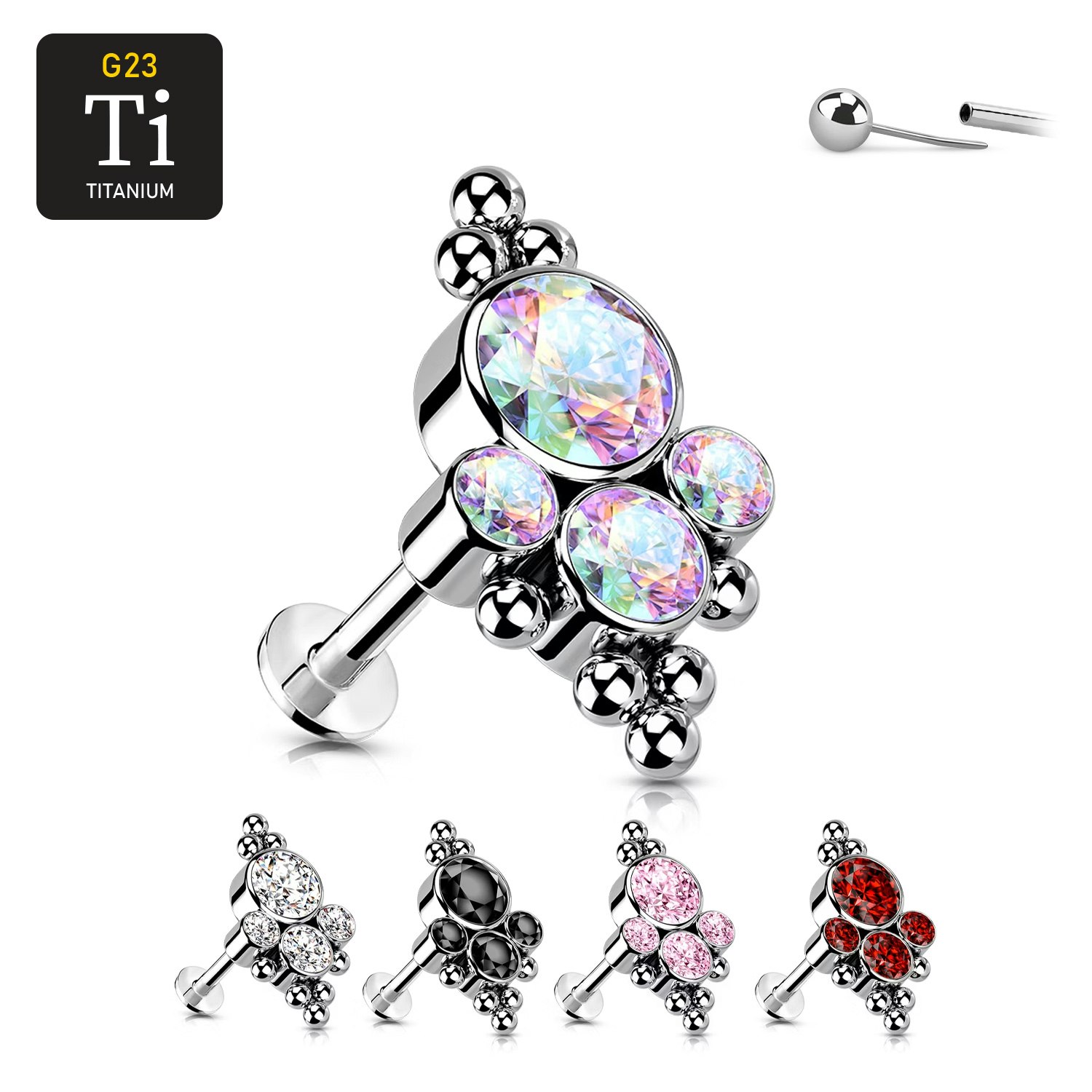 Threadless labret 1.2mm i titanium - Topp med 4st CZ och bollkluster