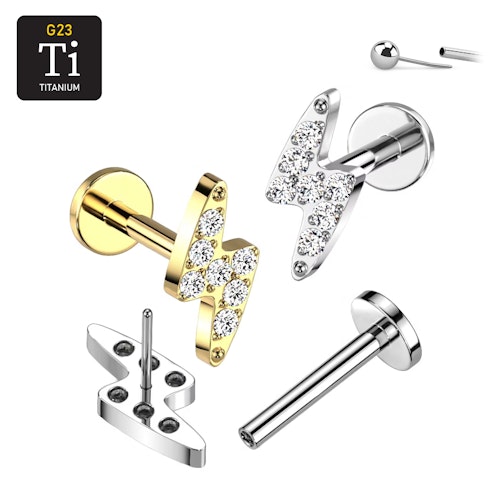 Threadless labret 1.2mm i titanium - Blixt med CNC-monterade CZ