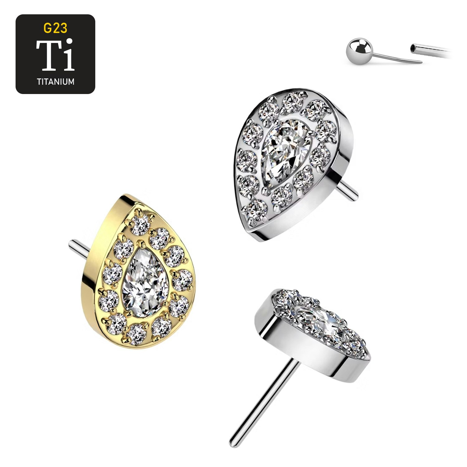 Threadless topp i titanium - Droppformad topp med CNC-monterade cubic zirconia