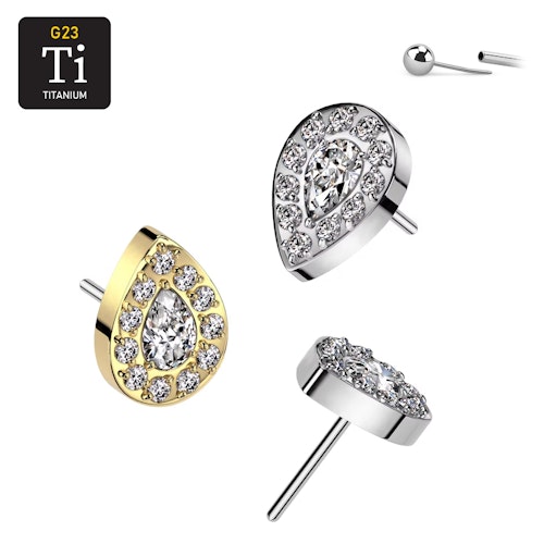 Threadless topp i titanium - Droppformad topp med CNC-monterade cubic zirconia