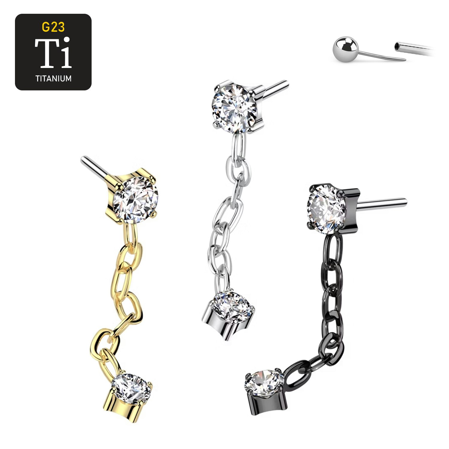 Threadless topp i titanium - Cubic zirconia topp med kedja och CZ i hänge