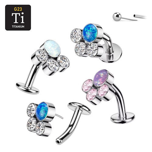 Threadless Navelsmycke i titanium Floating Navel - Kluster med 3st CZ och 1st opal