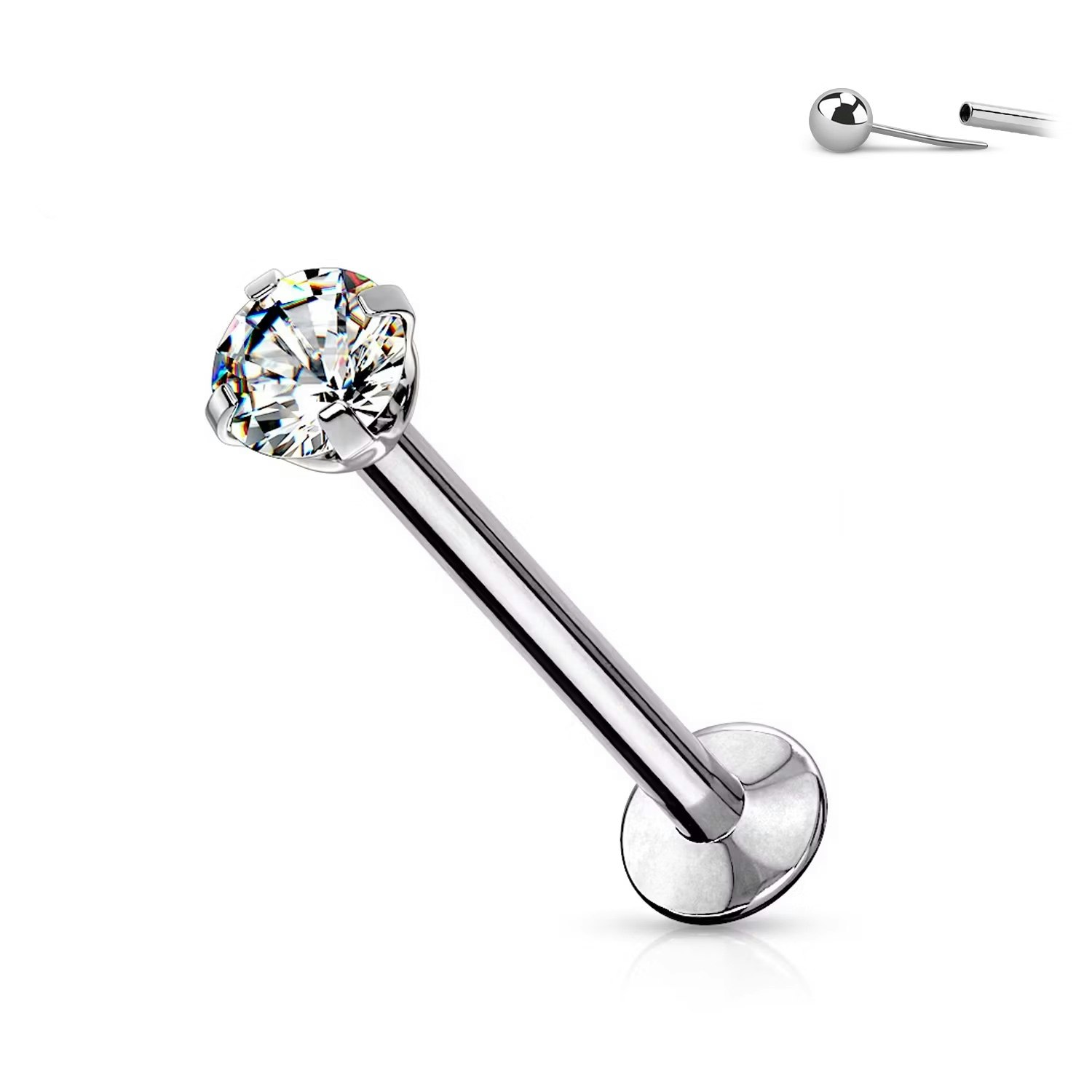 Threadless labret i 316L kirurgiskt stål 0.8mm med push-pin prong-set CZ