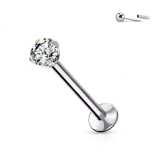 Threadless labret i 316L kirurgiskt stål 0.8mm med push-pin prong-set CZ