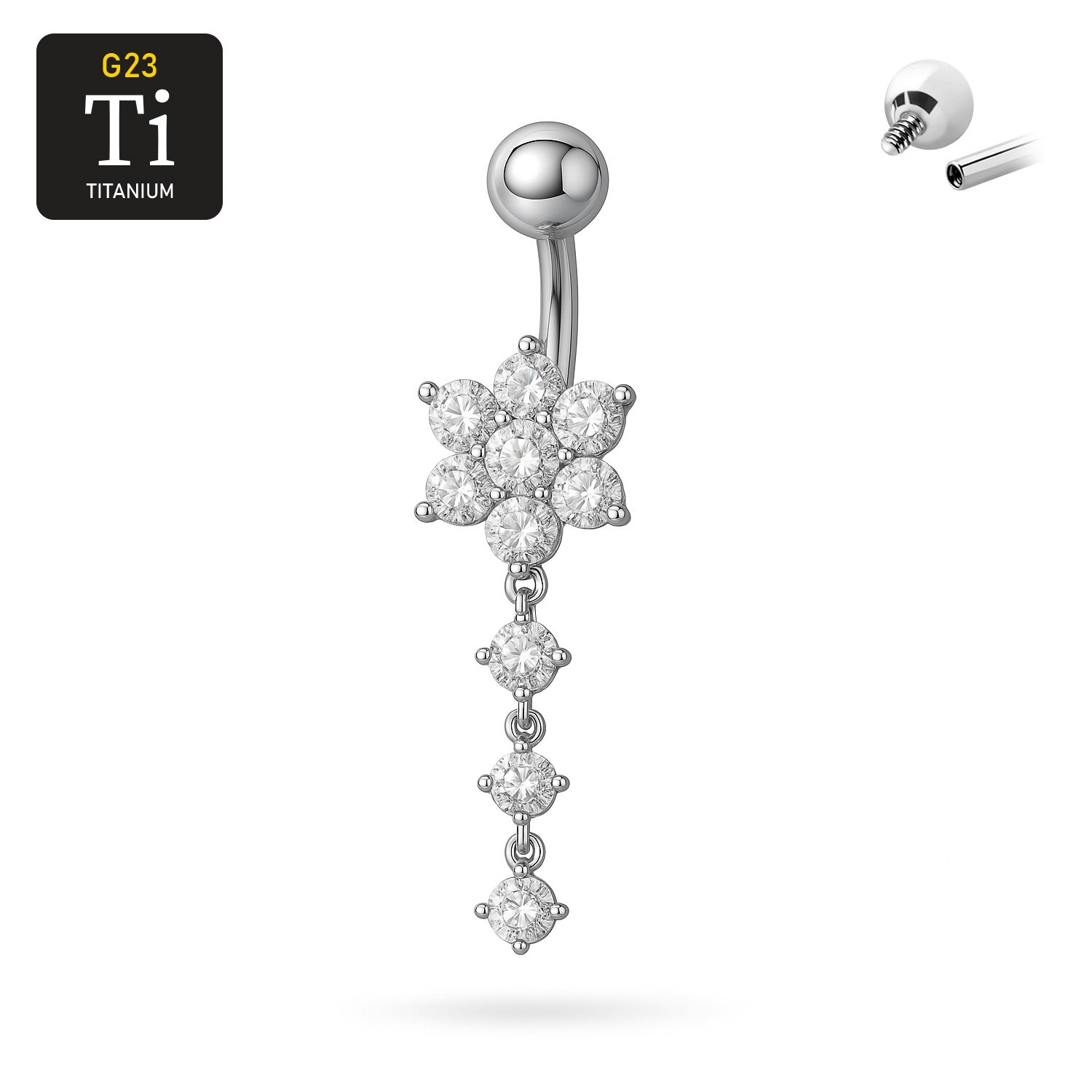 Titanium navelsmycke med blomma och 3 runda cubic zirconia i hänge