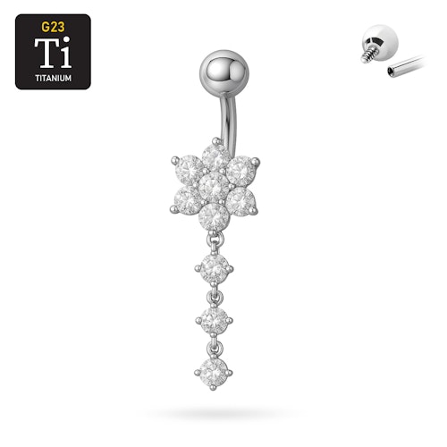 Titanium navelsmycke med blomma och 3 runda cubic zirconia i hänge