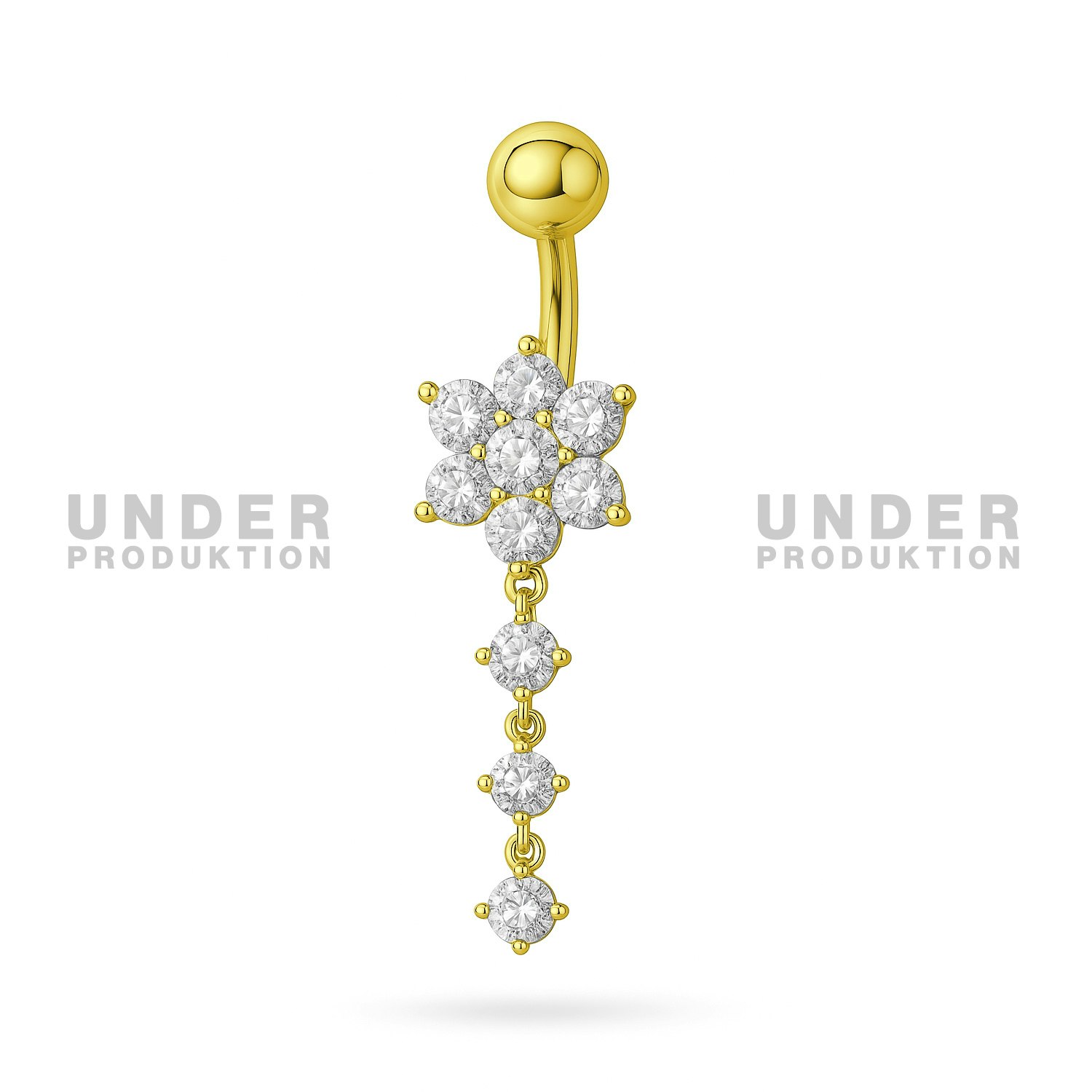 Titanium navelsmycke med blomma och 3 runda cubic zirconia i hänge