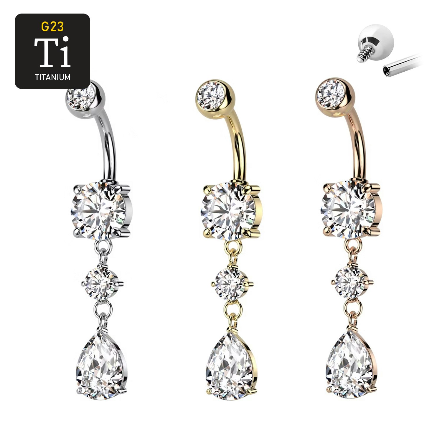 Navelsmycke i titanium - droppformad cubic zirconia i hänge