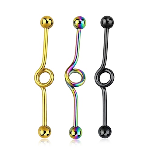 Industrial barbell i PVD-pläterad kirurgiskt stål 1.6mm med loop och kulor