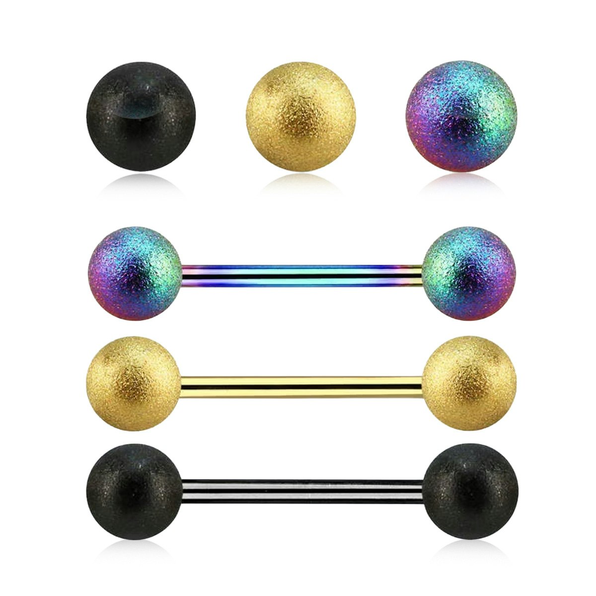 Barbell i PVD-pläterad kirurgiskt stål 1.6mm med 5mm frostade kulor