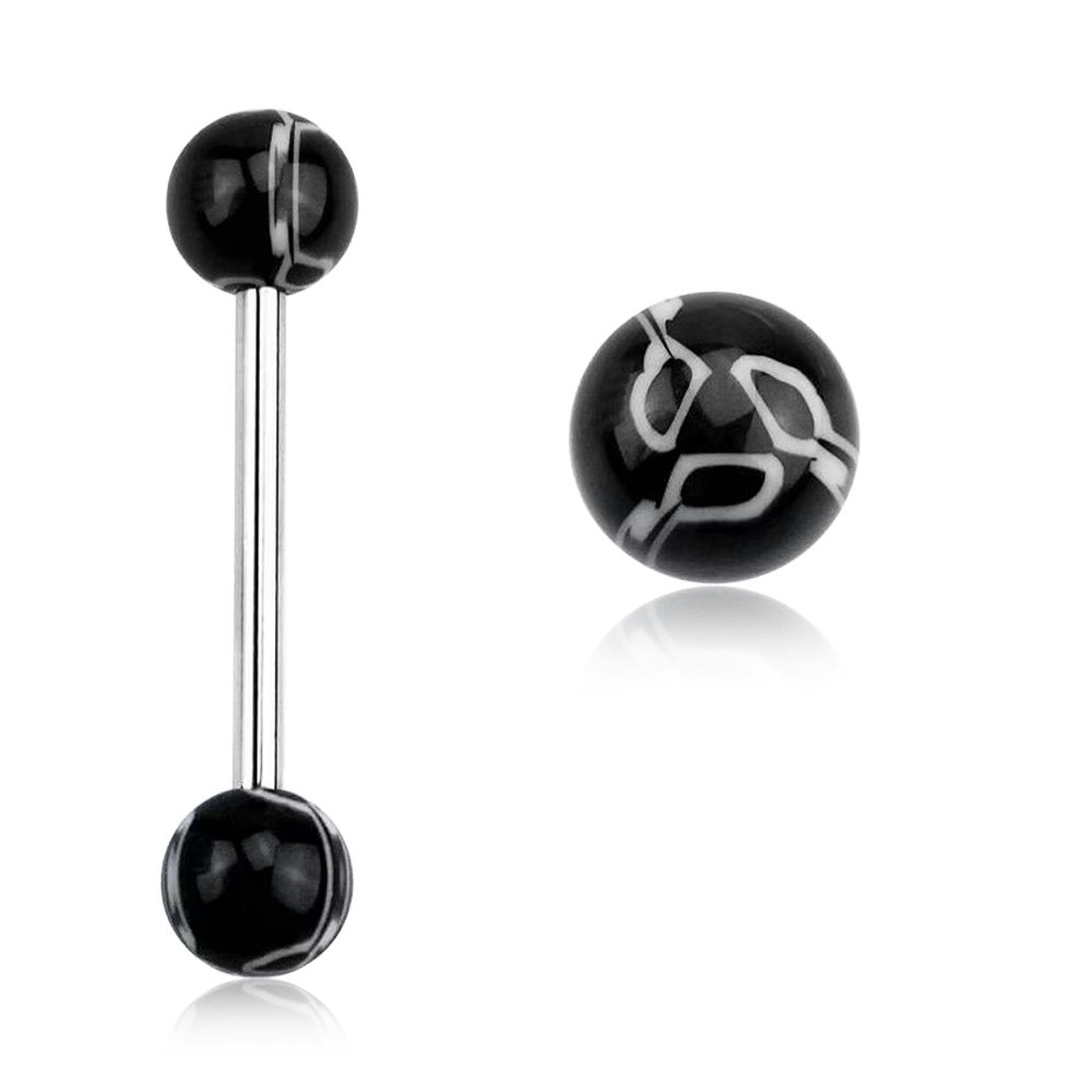 Barbell / tungstav 1.6mm med akrylkulor - svart/vit marmormönstrad