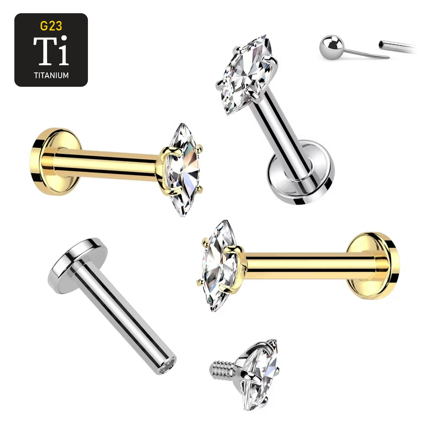 Labret i titanium 1.2mm - Topp med navettslipad cubic zirconia