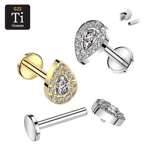 Labret i titanium 1.2mm - Droppformad topp med cubic zirconia