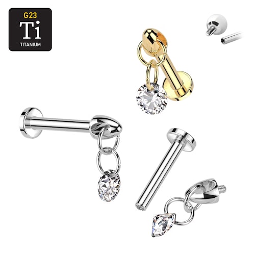 Labret i titanium 1.2mm - Hänge med rund cubic zirconia