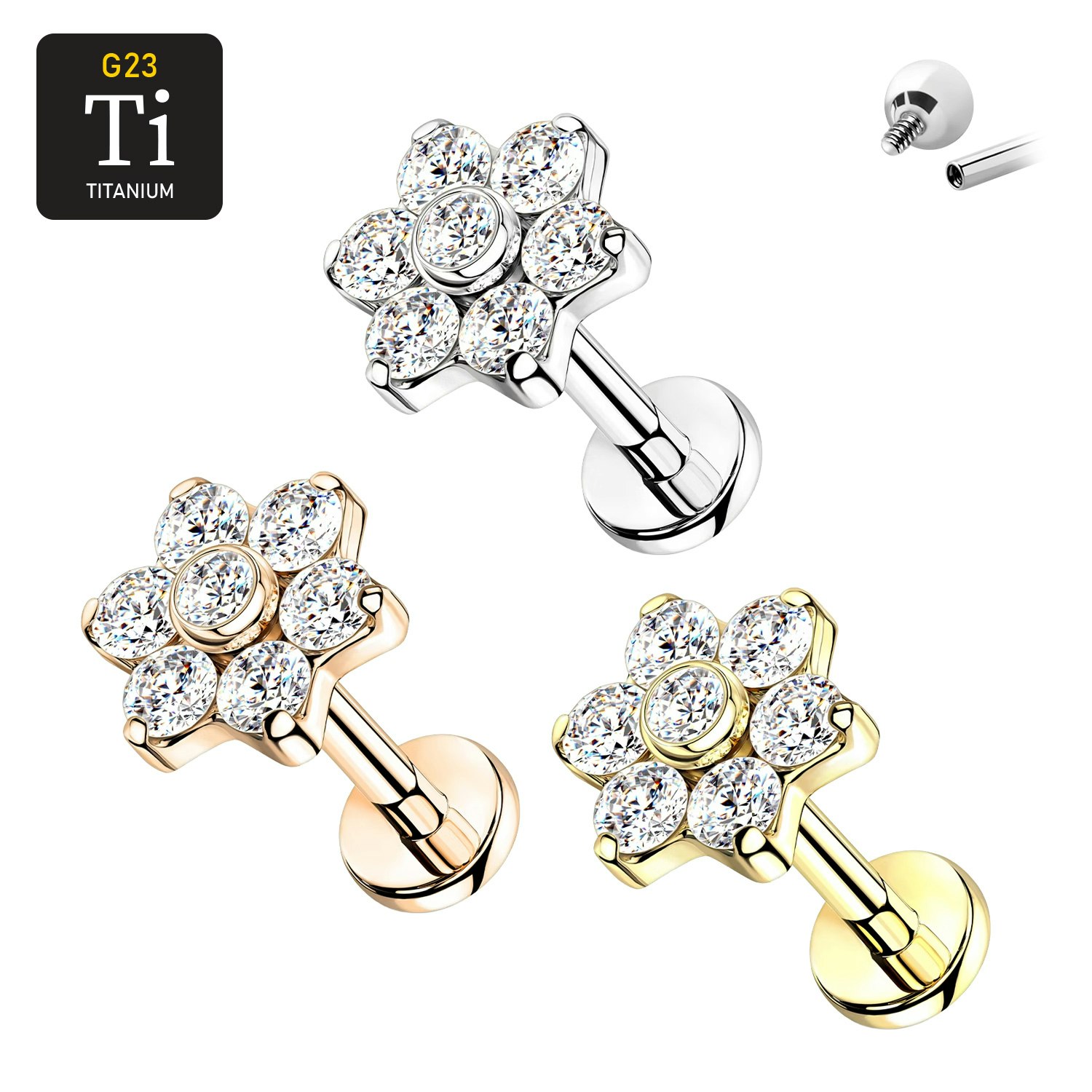 Labret i titanium 1.2mm - Blomma med cubic zirconia