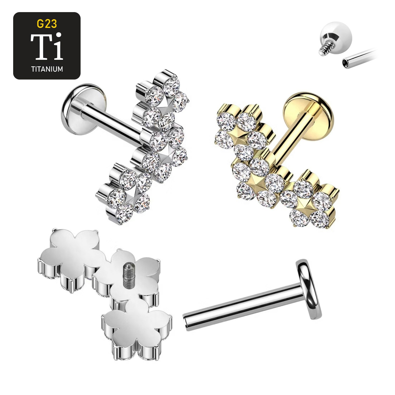 Labret i titanium 1.2mm - Trippel blomma med cubic zirconia