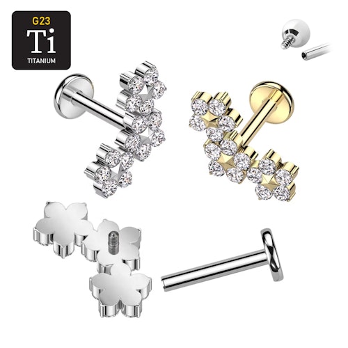 Labret i titanium 1.2mm - Trippel blomma med cubic zirconia
