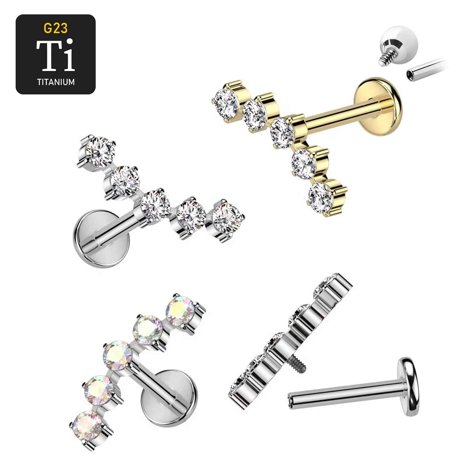 Labret i titanium 1.2mm - Böjd topp med 5st cubic zirconia