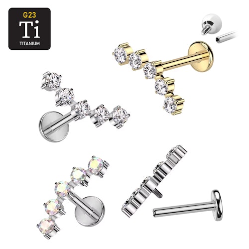 Labret i titanium 1.2mm - Böjd topp med 5st cubic zirconia