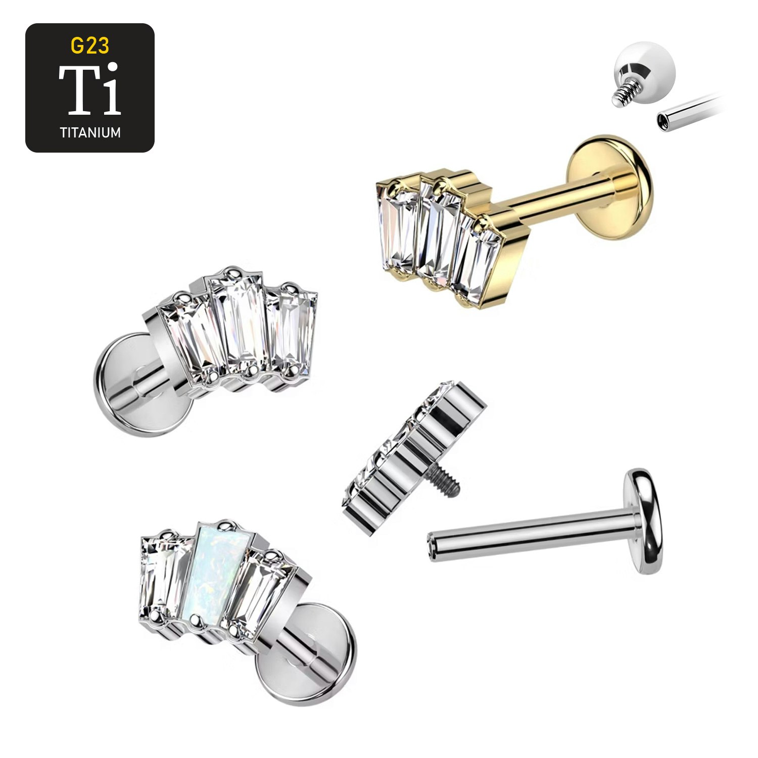 Labret i titanium 1.2mm - Topp med 3st baguetteslipade cubic zirconia eller opal