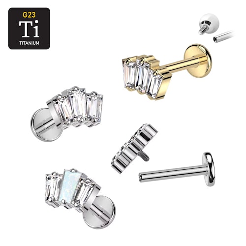 Labret i titanium 1.2mm - Topp med 3st baguetteslipade cubic zirconia eller opal
