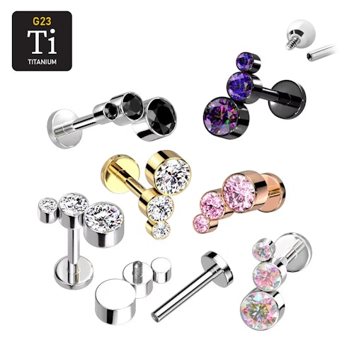 Labret i titanium 1.2mm - Topp med 3st cubic zirconia