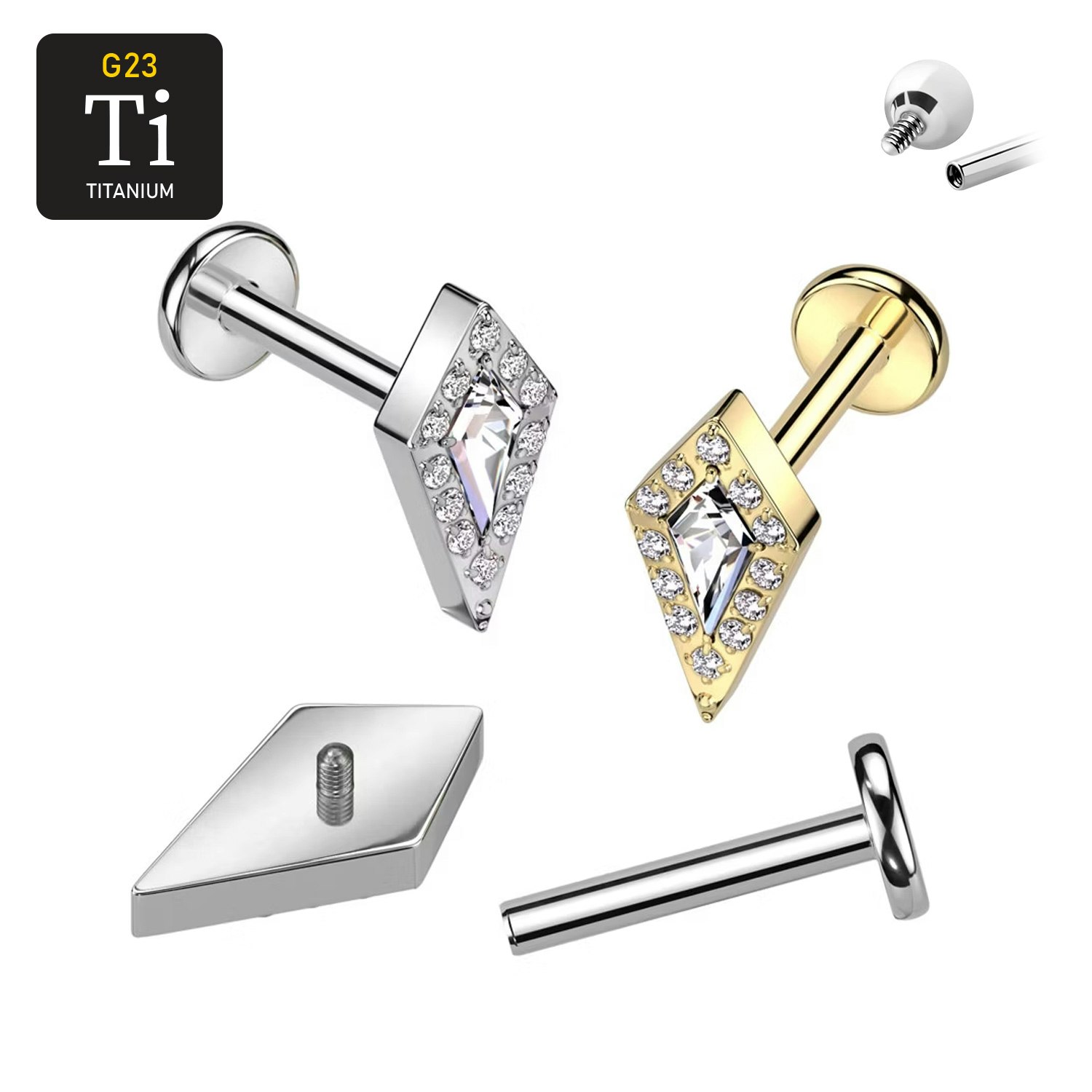 Labret i titanium 1.2mm - Spjutspetsformad topp med cubic zirconia