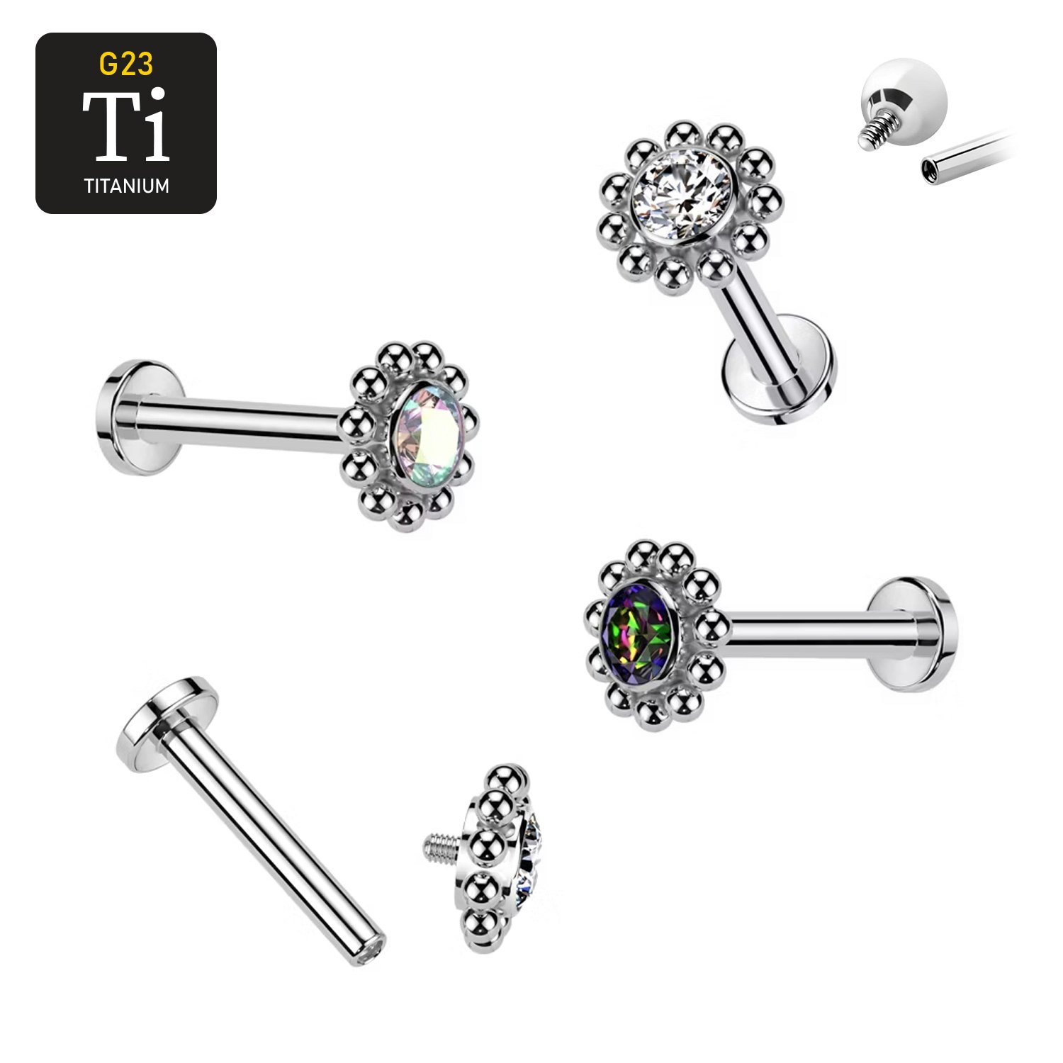 Labret i titanium 1.2mm - Bollkluster / blomma med cubic zirconia