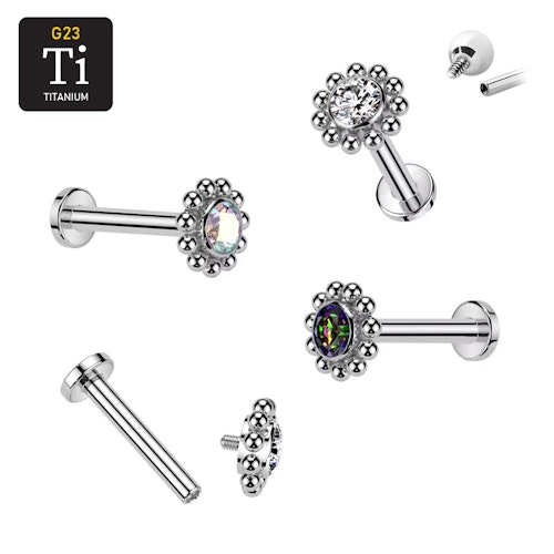 Labret i titanium 1.2mm - Bollkluster / blomma med cubic zirconia