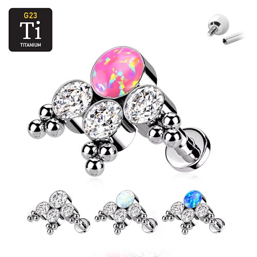 Labret i titanium 1.2mm - Kluster med bollar och cubic zirconia / opal